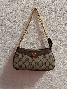 Gucci Beige & Brown GG Canvas Mini Shoulder Bag with Gold Chain